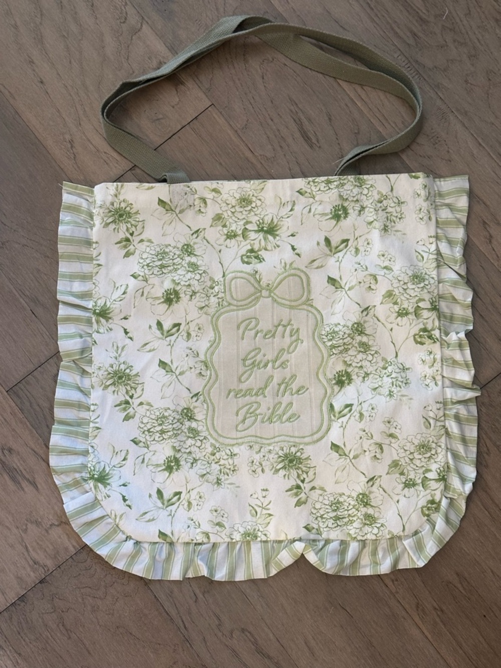 Floral Tote with 'Pretty Girls Read the Bible' Embroidery - Green